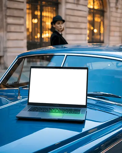 Razer Laptop Mockup On Classic Car Hood With Woman In Hat And Luxury City Backdrop