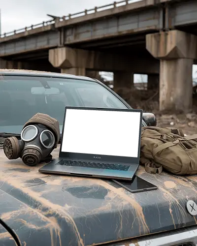 Razer Laptop Mockup On Dusty Car Hood With Gas Mask Backpack And Abandoned Overpass