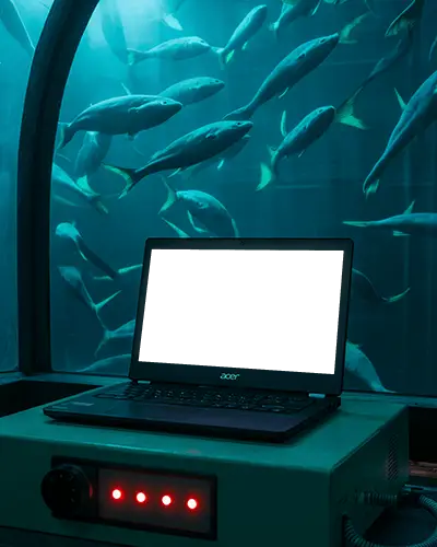 Acer Laptop Mockup In Underwater Lab With Aquarium Glass And Swimming Fish Backdrop