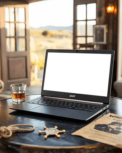Acer Laptop Mockup On Saloon Table With Wanted Poster Rope Badge And Glass Of Whiskey