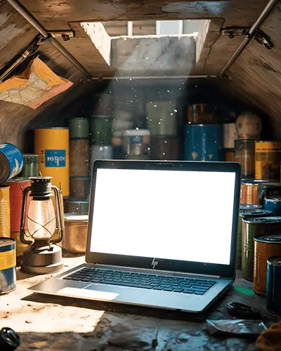 Hp Laptop Mockup In Underground Bunker With Canned Food Lantern And Sunlight Rays