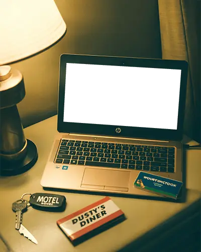 Hp Laptop Mockup On Motel Nightstand With Keys Diner Menu And Wilmington City Guide