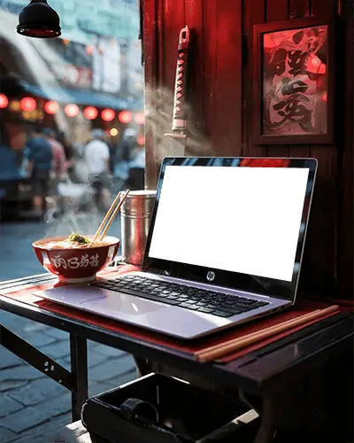 hp-laptop-mockup-on-street-food-stall-with-steaming-ramen-bowl-and-urban-market-vibes