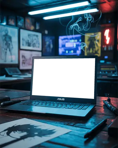 asus-laptop-mockup-on-wooden-desk-with-anime-artwork-and-cyberpunk-gaming-room-setup
