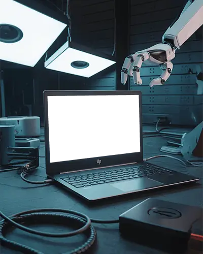 hp-laptop-mockup-in-futuristic-lab-with-robotic-arm-and-modern-tech-gadget-setup