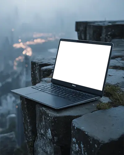 dell-laptop-mockup-on-rocky-cliff-edge-with-misty-cityscape-view-in-dramatic-atmosphere