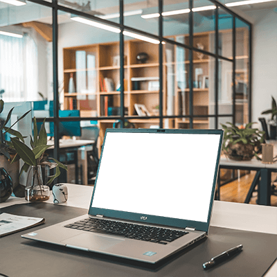 Open Space Office Laptop Mockup Desk With Plants Modern And Creative Work Environment 023