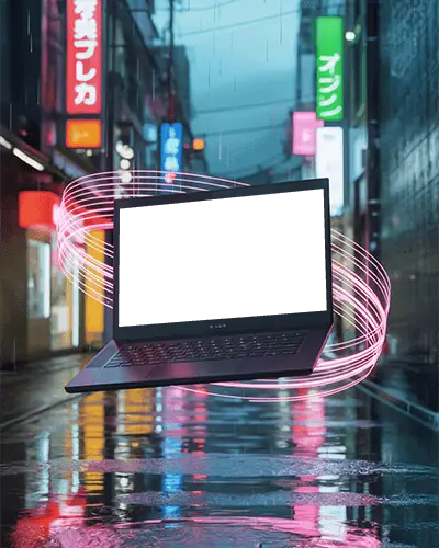 futuristic-razer-laptop-mockup-floating-in-rainy-neon-street-with-glowing-light-trails