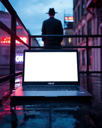 asus-laptop-mockup-on-wet-urban-street-with-mysterious-man-in-hat-under-neon-lights
