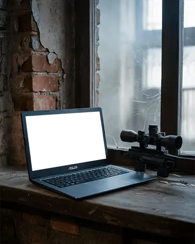 asus-laptop-mockup-on-old-wooden-window-sill-with-rifle-scope-in-rustic-setting