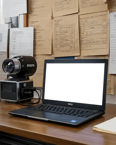 dell-laptop-mockup-on-office-desk-with-projector-and-documents-in-research-setting