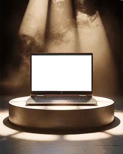 hp-laptop-mockup-on-round-stage-platform-with-dramatic-spotlights-and-smoky-background