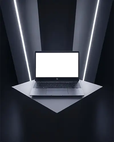 hp-laptop-mockup-on-geometric-platform-with-futuristic-neon-lighting-in-dark-studio