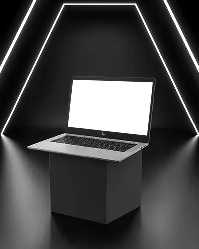 hp-laptop-mockup-on-minimal-podium-with-geometric-neon-light-frames-in-dark-studio
