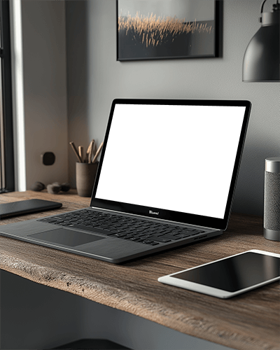 Modern Home Office Laptop Mockup Natural Wooden Desk With Minimalist Accessories Cozy Ambiance 025