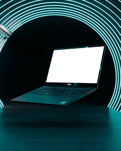 futuristic-laptop-mockup-floating-in-abstract-glowing-circle-background-technology-showcase