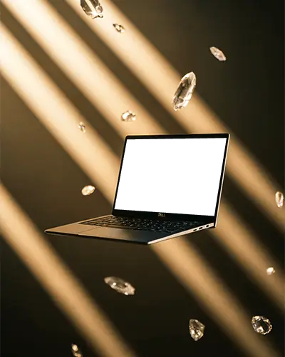 High Tech Laptop Mockup In Midair Surrounded By Floating Glass Like Shapes And Light