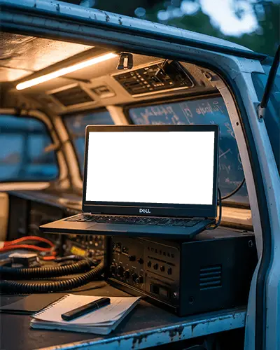 Modern Dell Laptop Mockup Digital Device Staged In Industrial Vehicle Setting With Tech Equipment