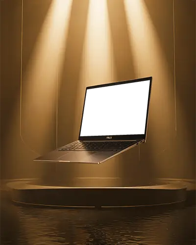 Modern Asus Laptop Mockup Floating Digital Device Under Golden Spotlight In Studio Environment