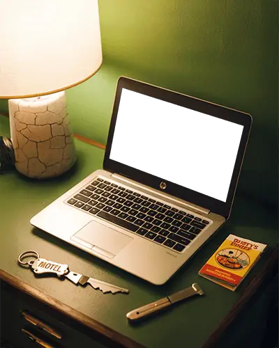 Modern Hp Laptop Mockup Digital Device On Desk In Vintage Motel Room With Retro Decor Setting