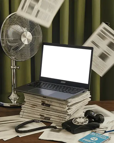 Modern Acer Laptop Mockup Digital Device On Stack Of Newspapers With Vintage Desk Props And Fan