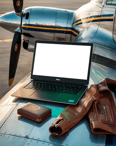 Modern Dell Laptop Mockup Digital Device On Airplane Wing With Leather Jacket And Wallet Styled