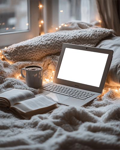 Cozy Bedroom Laptop Mockup With Books And Coffee Comfortable And Relaxed Vibes 028