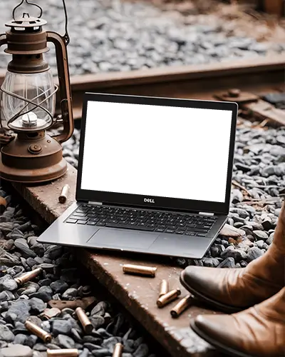 Modern Dell Laptop Mockup Digital Device On Railroad Track With Lantern And Cowboy Boots Styled