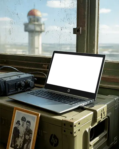 Modern Hp Laptop Mockup Digital Device On Military Crate With Radio And Photo Frame In Rustic Room