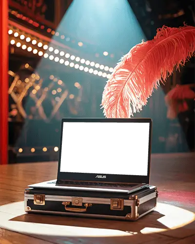 Sleek Asus Laptop Mockup Computer Styled On Case In Theater Setting With Bright Stage Lights