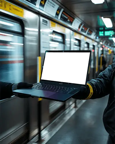 Modern Razer Gaming Laptop Mockup Digital Device Handed Over In Subway Station Urban Setting