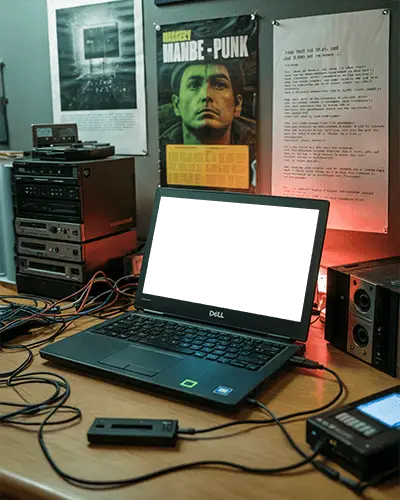 modern-dell-laptop-mockup-digital-device-on-desk-with-vintage-audio-equipment-and-posters