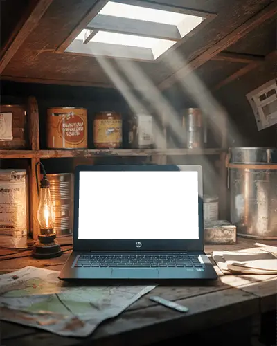 sleek-hp-laptop-mockup-computer-styled-in-cozy-wooden-room-with-map-and-old-storage-containers