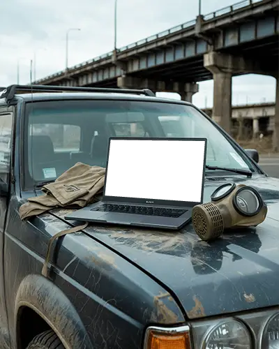 modern-razer-laptop-mockup-digital-device-on-suv-hood-in-urban-setting-with-gas-mask-and-gear