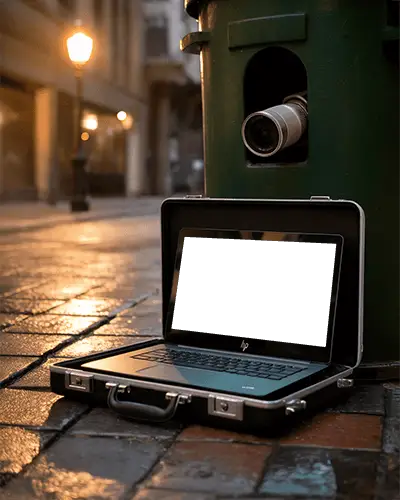 modern-hp-laptop-mockup-digital-device-in-briefcase-on-wet-street-with-surveillance-camera