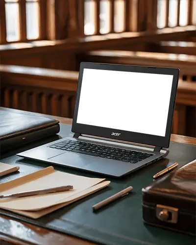 modern-acer-laptop-mockup-digital-device-on-desk-in-library-with-notebooks-and-briefcases