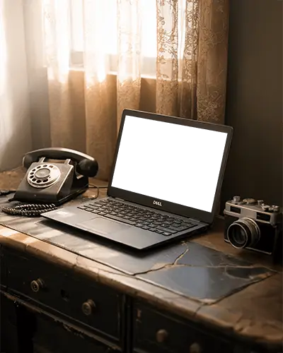 modern-dell-laptop-mockup-digital-device-on-vintage-desk-with-rotary-phone-and-camera-in-light