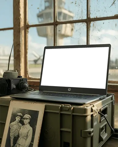 rustic-window-hp-laptop-mockup-in-abandoned-control-tower-with-military-artifacts-around