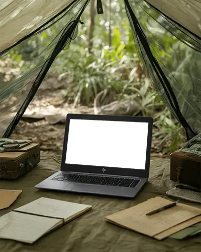 hp-laptop-mockup-in-forest-camp-tent-surrounded-by-journals-and-old-bags