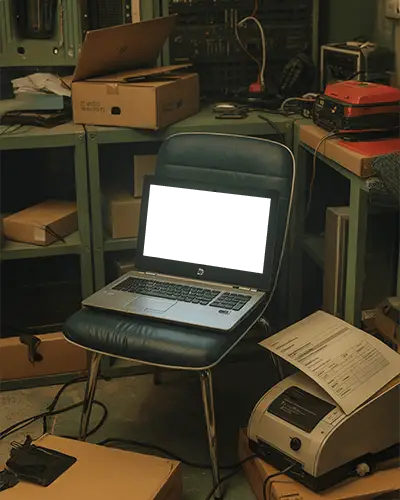 industrial-workshop-hp-laptop-mockup-on-chair-with-printer-and-cardboard-boxes