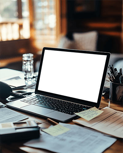 Warm Lit Rustic Laptop Mockup On Wooden Desk Surrounded By Documents And Office Supplies In Cozy Ambiance 030