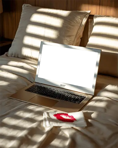 acer-laptop-mockup-in-warm-lighting-on-bed-with-red-lip-mark-napkin