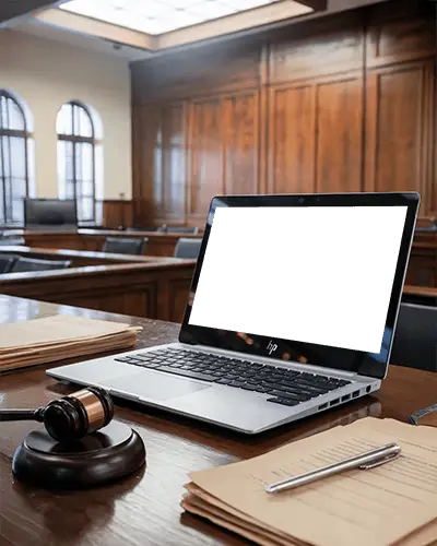 Hp Laptop Mockup In Courtroom Setting With Judge Gavel And Legal Documents On Wooden Desk