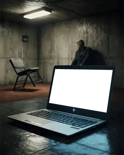 Dramatic Hp Laptop Mockup On Table In Moody Interrogation Scene With Suspect In Background
