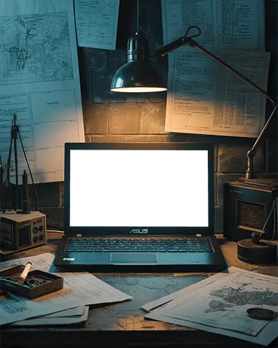 Vintage Detective Style Asus Laptop Mockup With Blueprints And Paperwork Under Lamp