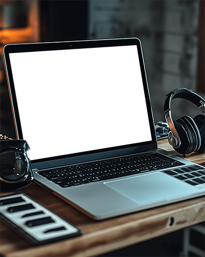Dim Lit Studio Laptop Mockup On Wooden Table With Headphones And Keyboard In Modern Creative Setup 031