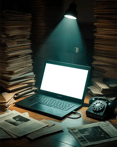 Razer Laptop Mockup On Wooden Desk With Spotlight Surrounded By Stacks Of Paper Files