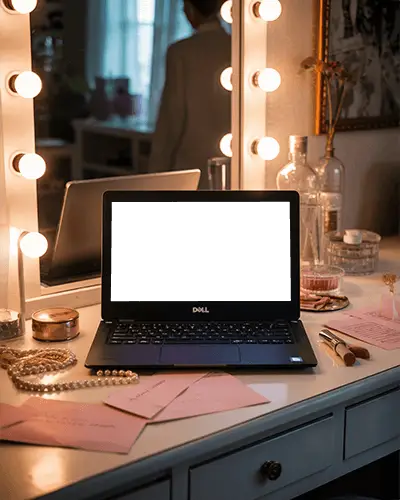 Dell Laptop Mockup On Vanity Desk With Makeup Brushes Pearls And Glowing Mirror Lights
