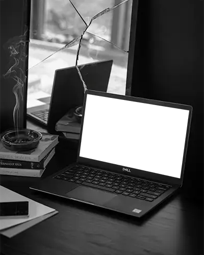 Dell Laptop Mockup In Moody Black And White Scene With Broken Mirror And Smoking Ashtray