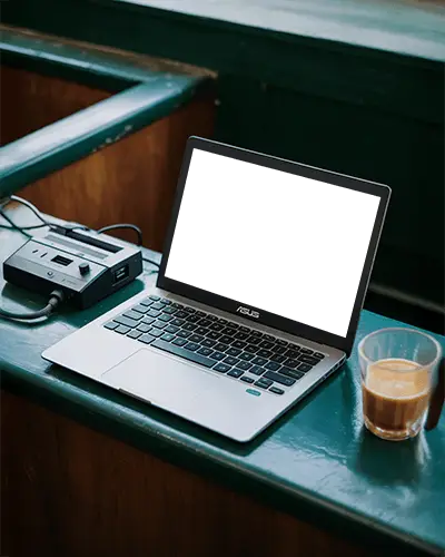 Casual Asus Laptop Mockup Workspace Scene With Coffee Drink And Small Black Gadget